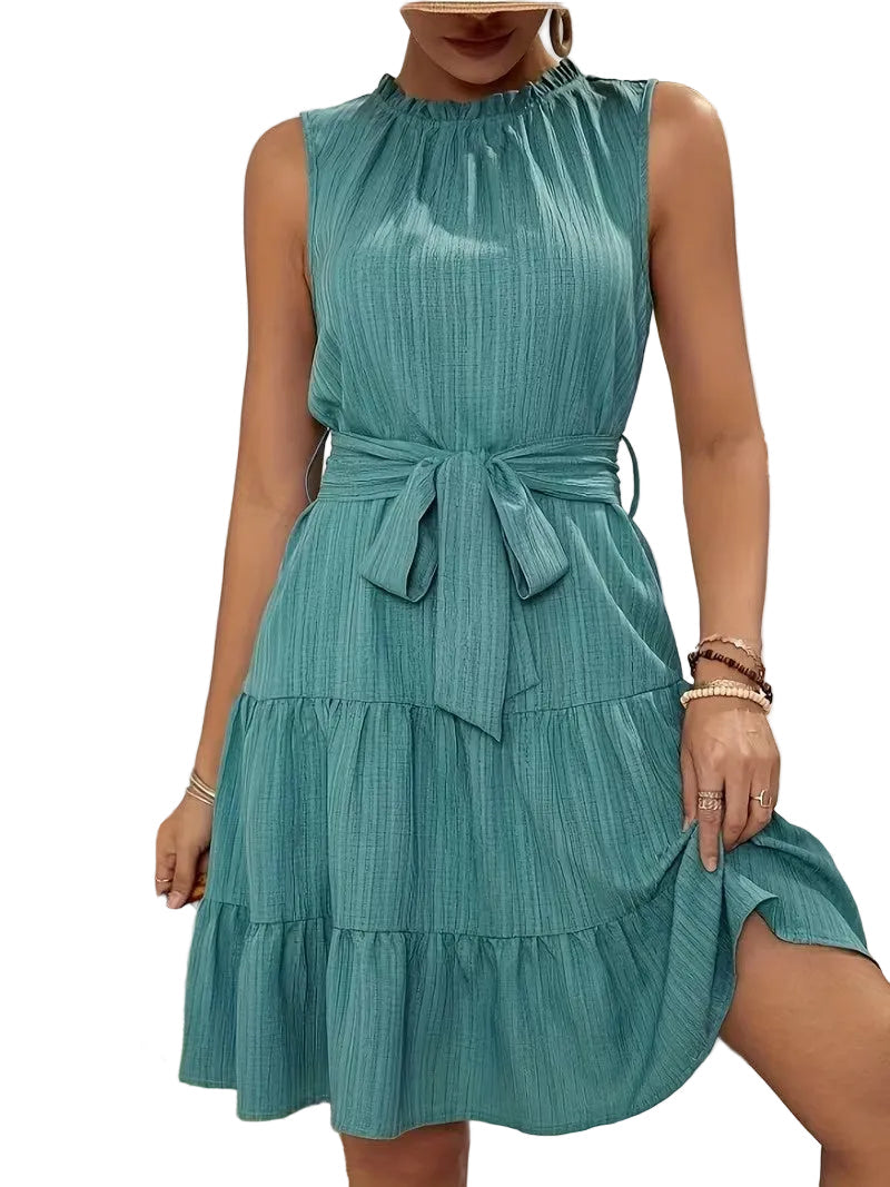Mini Dress Women Sleeveless Ruffled Neckline Tiered Skirt Sash