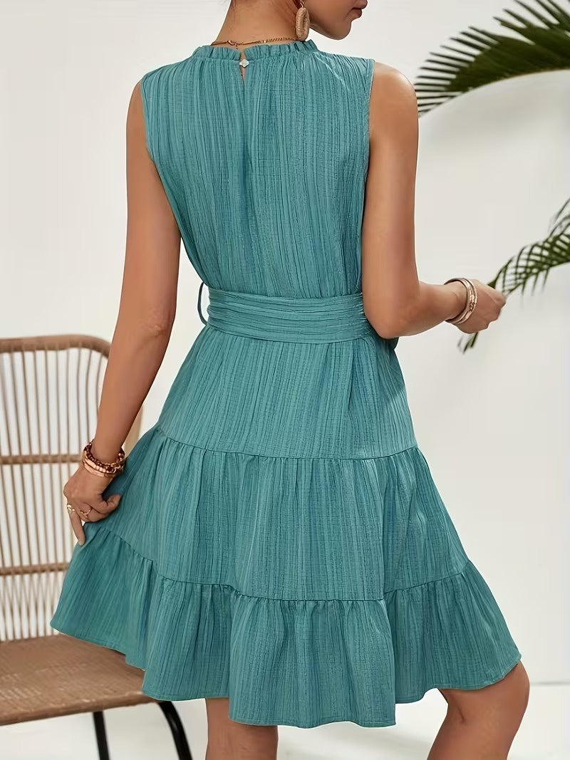Mini Dress Women Sleeveless Ruffled Neckline Tiered Skirt Sash