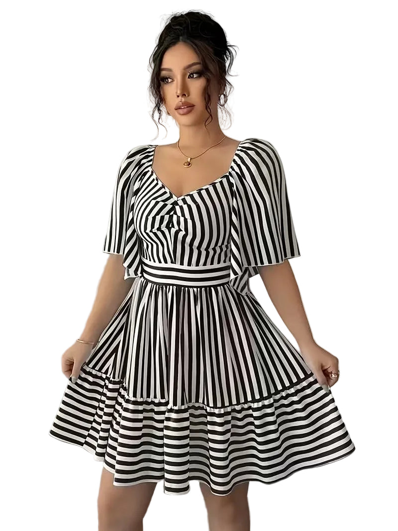 Mini Dress Women Striped Sweetheart Neckline Tiered Flared Skirt