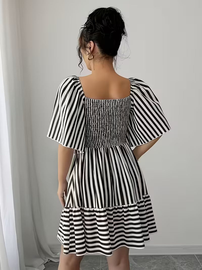 Mini Dress Women Striped Sweetheart Neckline Tiered Flared Skirt