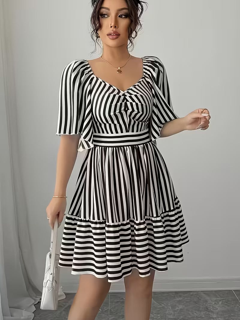 Mini Dress Women Striped Sweetheart Neckline Tiered Flared Skirt