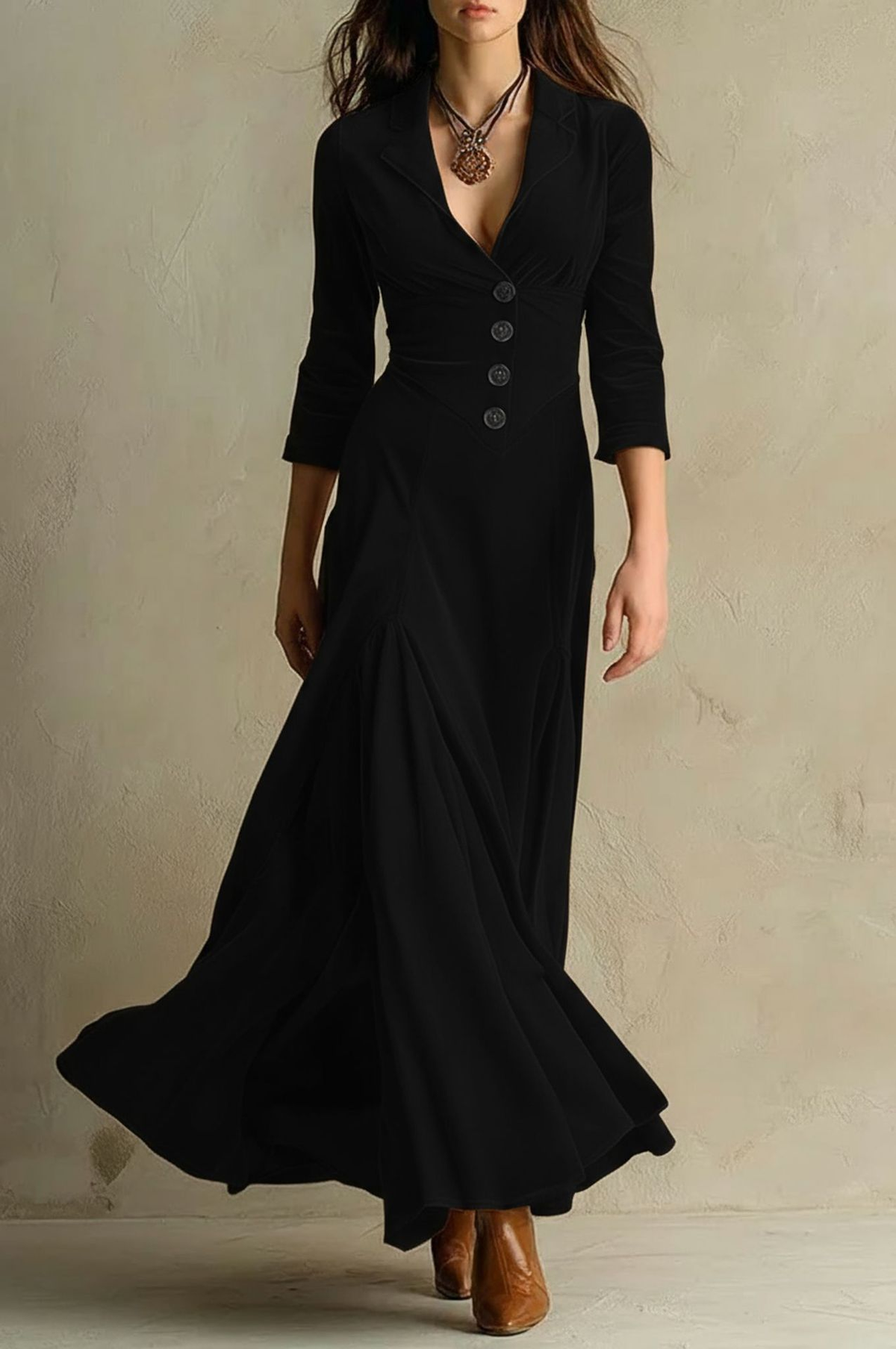 Velvet Dress Women Flared Maxi Three Quarter Sleeve Blazer Style