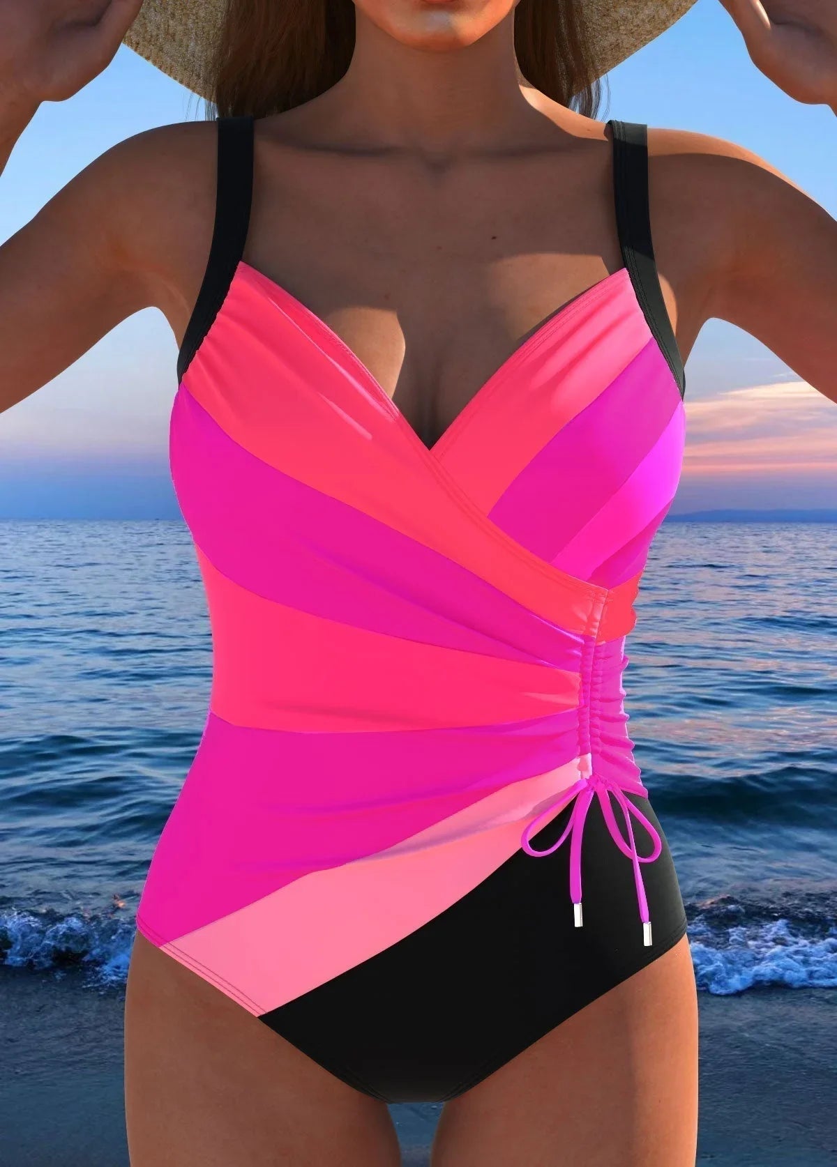 One Piece Swimsuit Women Tummy Control Printed Wrap Neck Slimming
