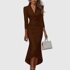 Satin Look Evening Dress Women Three Quarter Sleeve V Neck High Low Hem