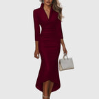 Satin Look Evening Dress Women Three Quarter Sleeve V Neck High Low Hem