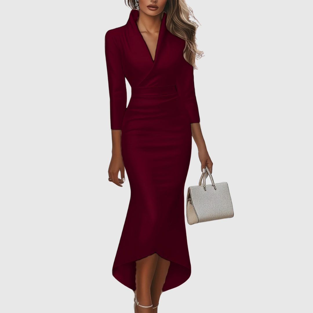 Satin Look Evening Dress Women Three Quarter Sleeve V Neck High Low Hem