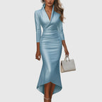 Satin Look Evening Dress Women Three Quarter Sleeve V Neck High Low Hem