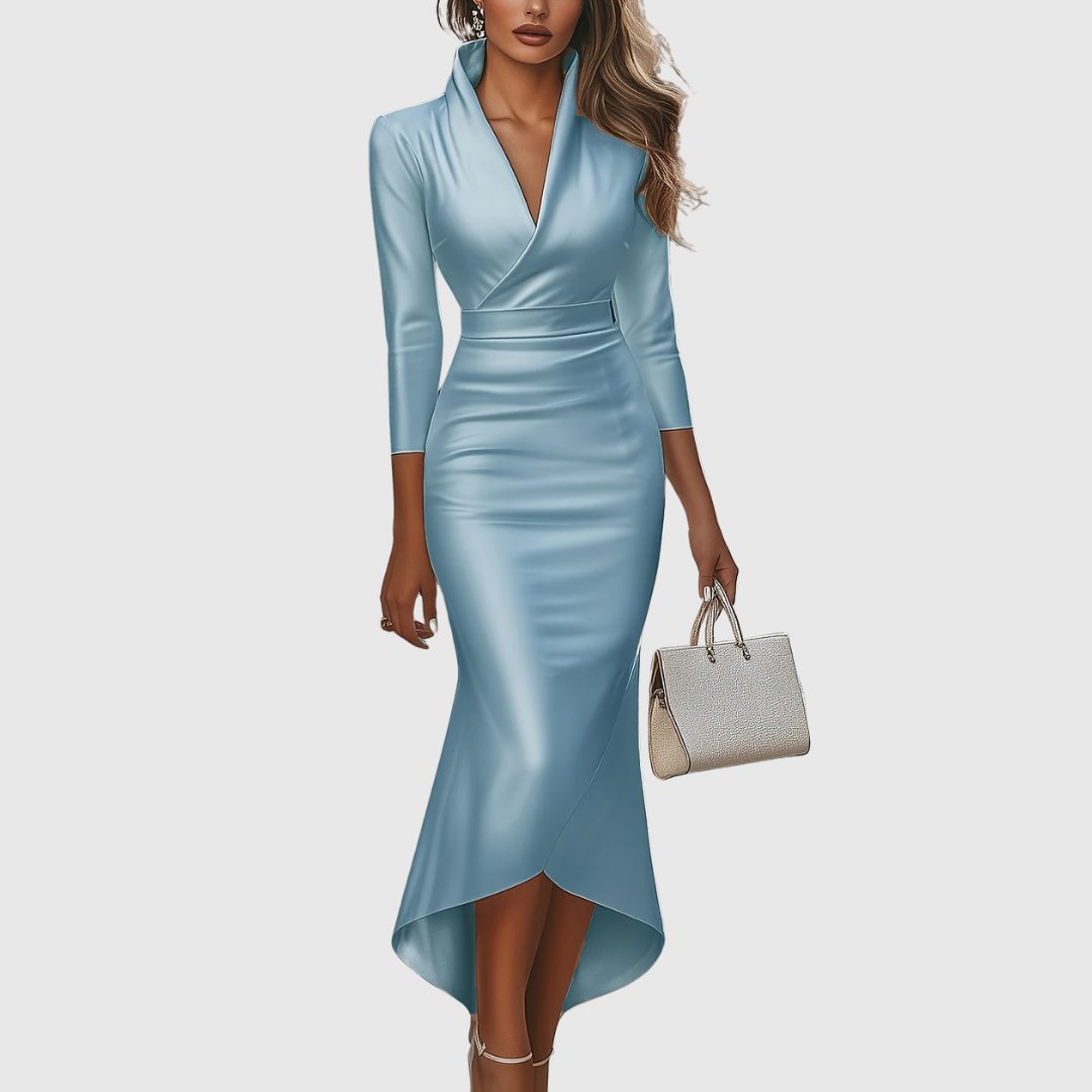 Satin Look Evening Dress Women Three Quarter Sleeve V Neck High Low Hem