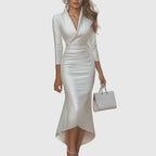 Satin Look Evening Dress Women Three Quarter Sleeve V Neck High Low Hem