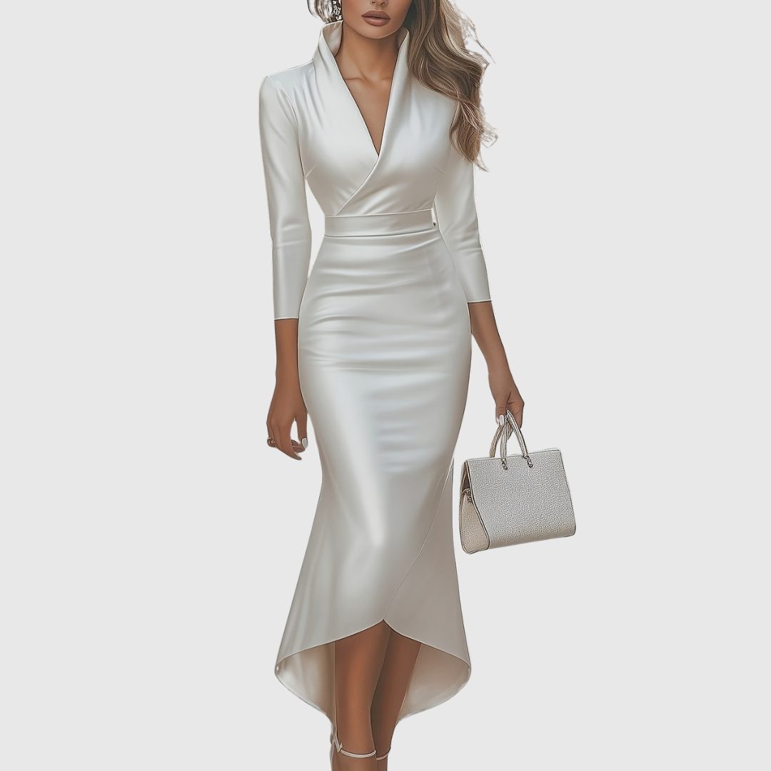 Satin Look Evening Dress Women Three Quarter Sleeve V Neck High Low Hem