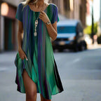 Boho Dress Women Green Ombre Midi Casual Lightweight Round Neck