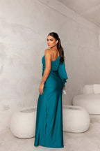 Evening Dress | One-Shoulder Satin Maxi, High Slit & Draping | Esma