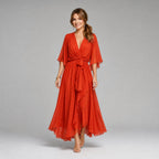 Midi Dress V Neck Wrap Waist Tie Layered Hem | Honor