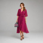 Midi Dress V Neck Wrap Waist Tie Layered Hem | Honor